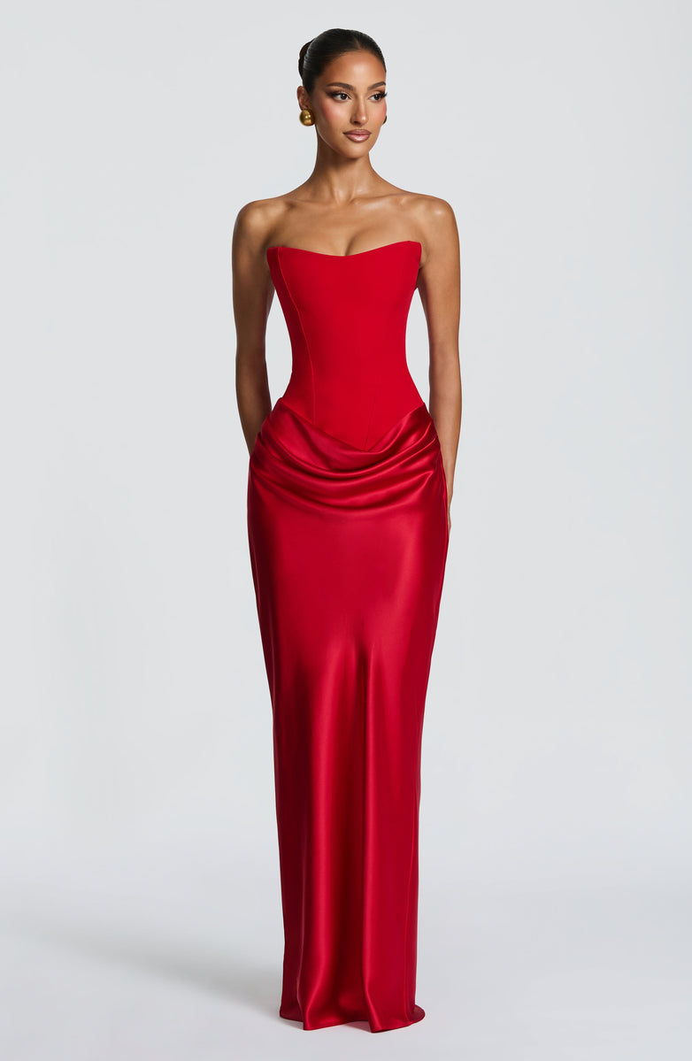 Strapless maxi dress with satin pleats and a tie-back bodice with a scarf decoration - GENNA