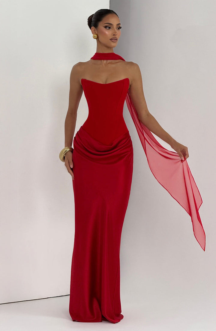 Strapless maxi dress with satin pleats and a tie-back bodice with a scarf decoration - GENNA