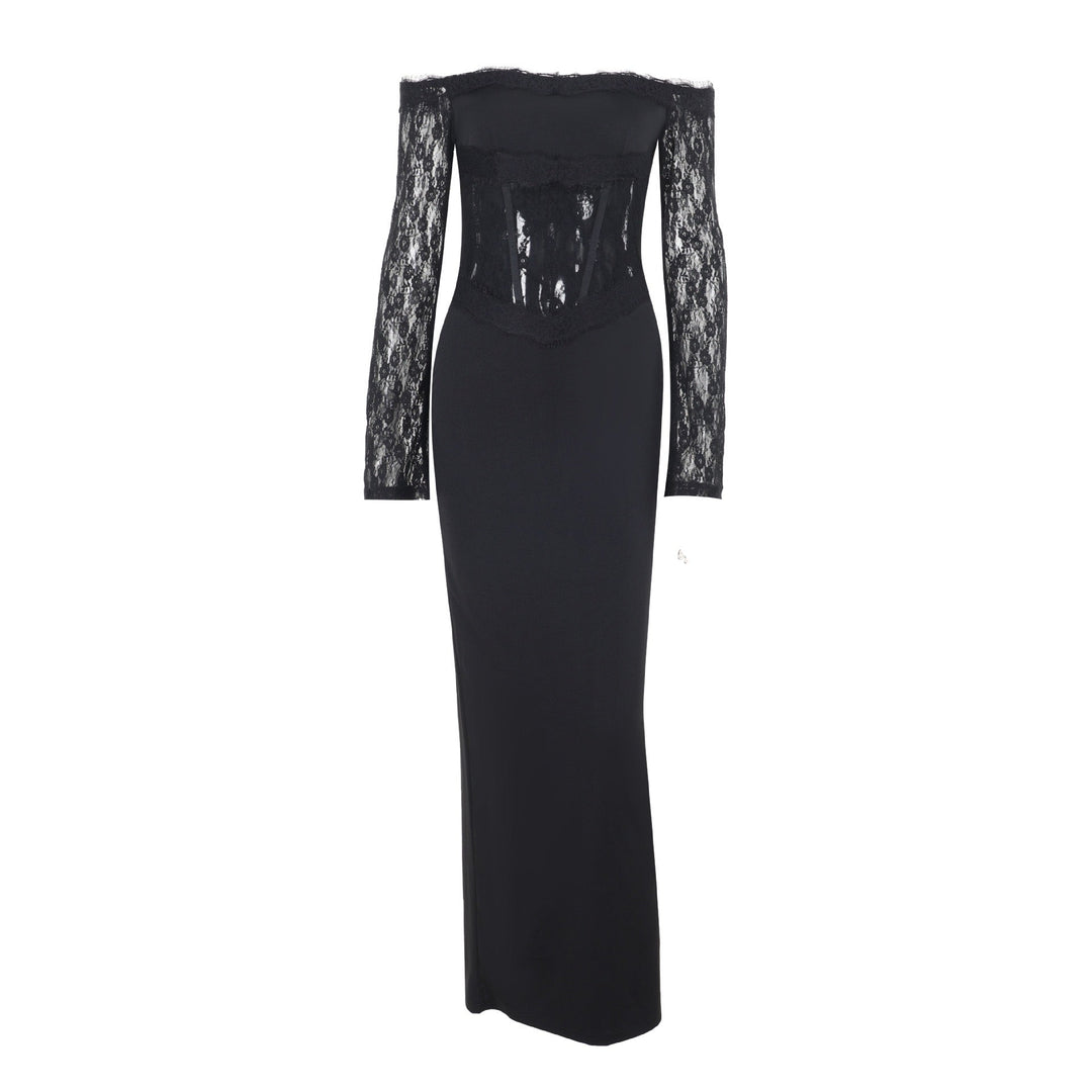 Elegant maxi dress with off-the-shoulder design and lace trim - Tamara