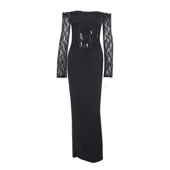 Elegant maxi dress with off-the-shoulder design and lace trim - Tamara