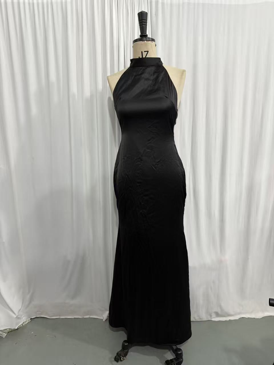 Maxi Satin Dress with Tie at the Neck and Open Back - MAZIE