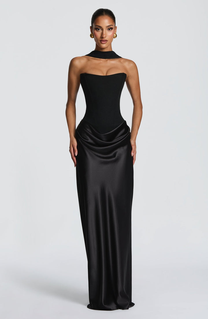 Strapless maxi dress with satin pleats and a tie-back bodice with a scarf decoration - GENNA