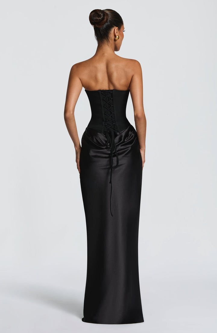 Strapless maxi dress with satin pleats and a tie-back bodice with a scarf decoration - GENNA
