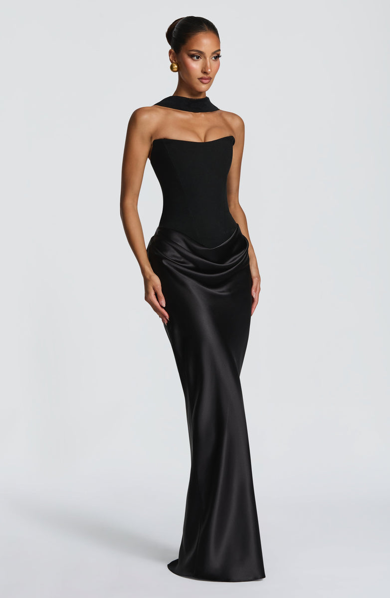 Strapless maxi dress with satin pleats and a tie-back bodice with a scarf decoration - GENNA