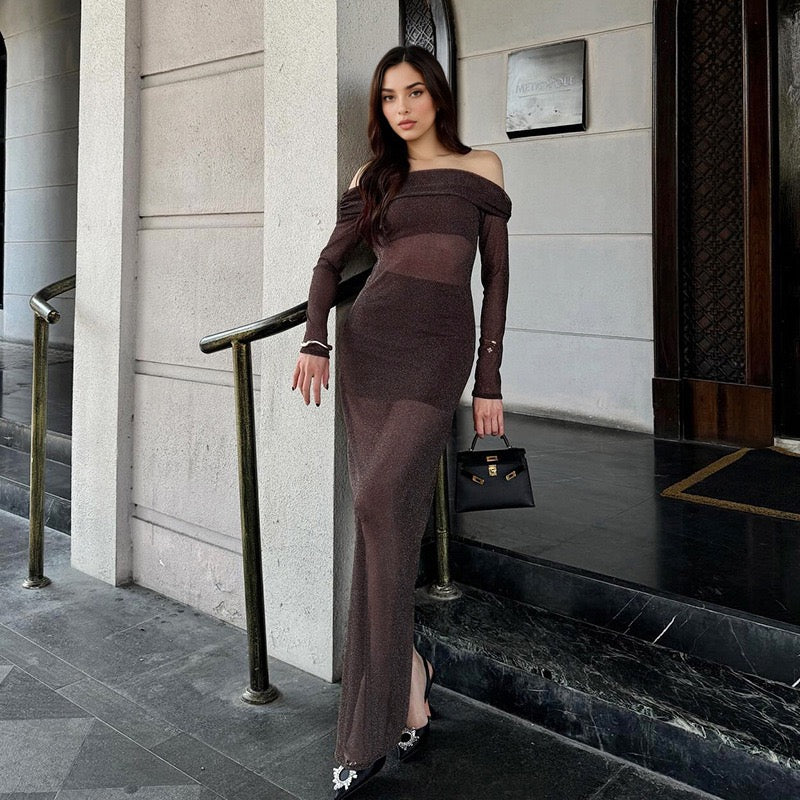 Transparent sequin maxi dress with an off-the-shoulder design combined with a top and mini skirt - Roxana