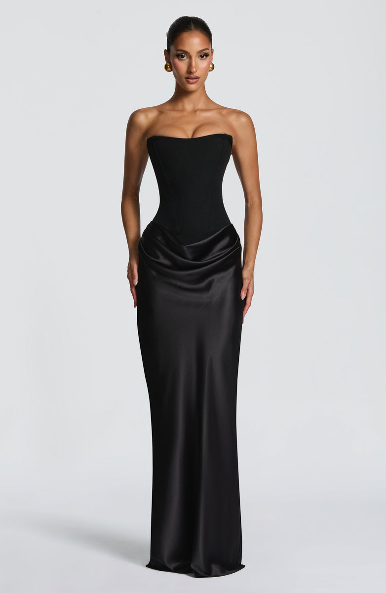Strapless maxi dress with satin pleats and a tie-back bodice with a scarf decoration - GENNA