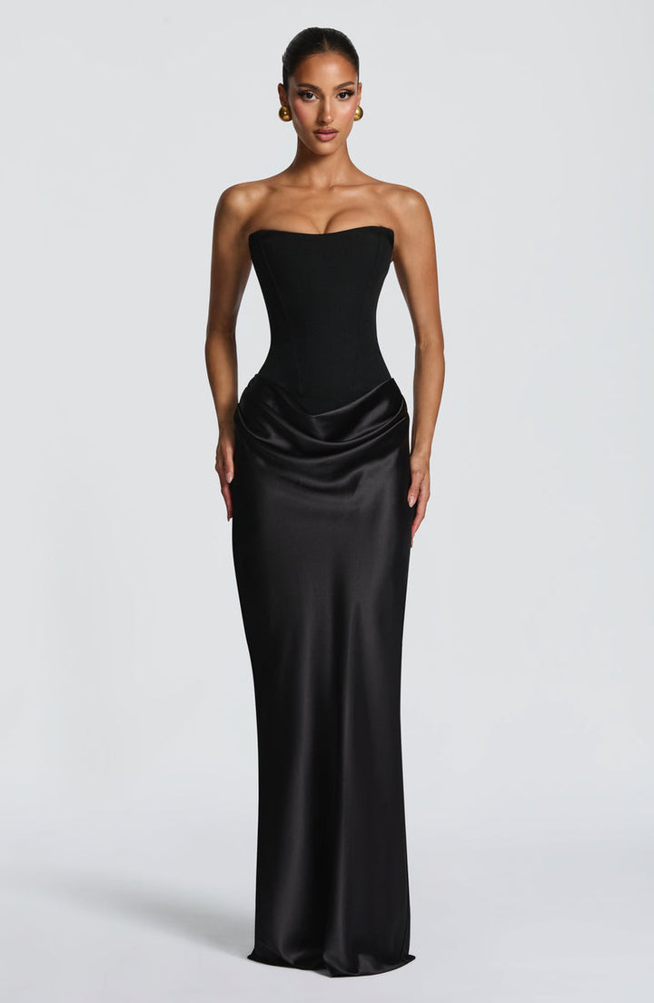 Strapless maxi dress with satin pleats and a tie-back bodice with a scarf decoration - GENNA