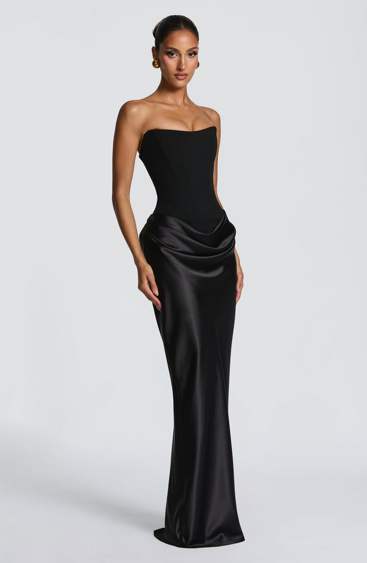 Strapless maxi dress with satin pleats and a tie-back bodice with a scarf decoration - GENNA