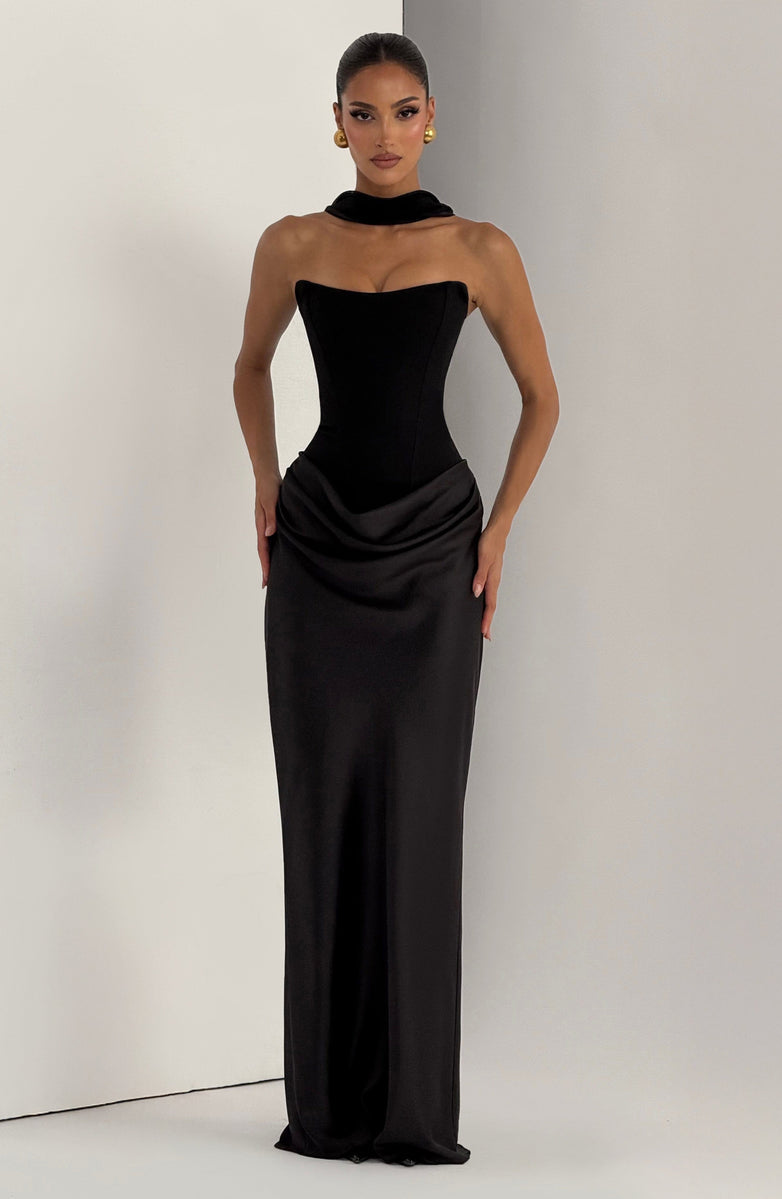 Strapless maxi dress with satin pleats and a tie-back bodice with a scarf decoration - GENNA
