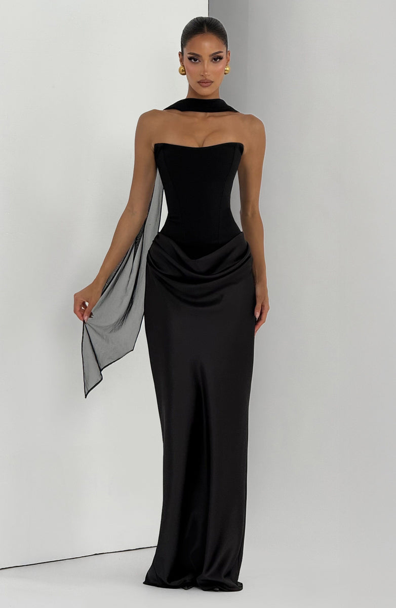 Strapless maxi dress with satin pleats and a tie-back bodice with a scarf decoration - GENNA