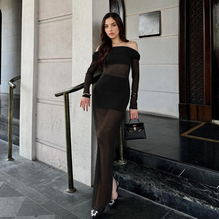 Transparent sequin maxi dress with an off-the-shoulder design combined with a top and mini skirt - Roxana