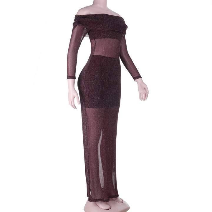 Transparent sequin maxi dress with an off-the-shoulder design combined with a top and mini skirt - Roxana