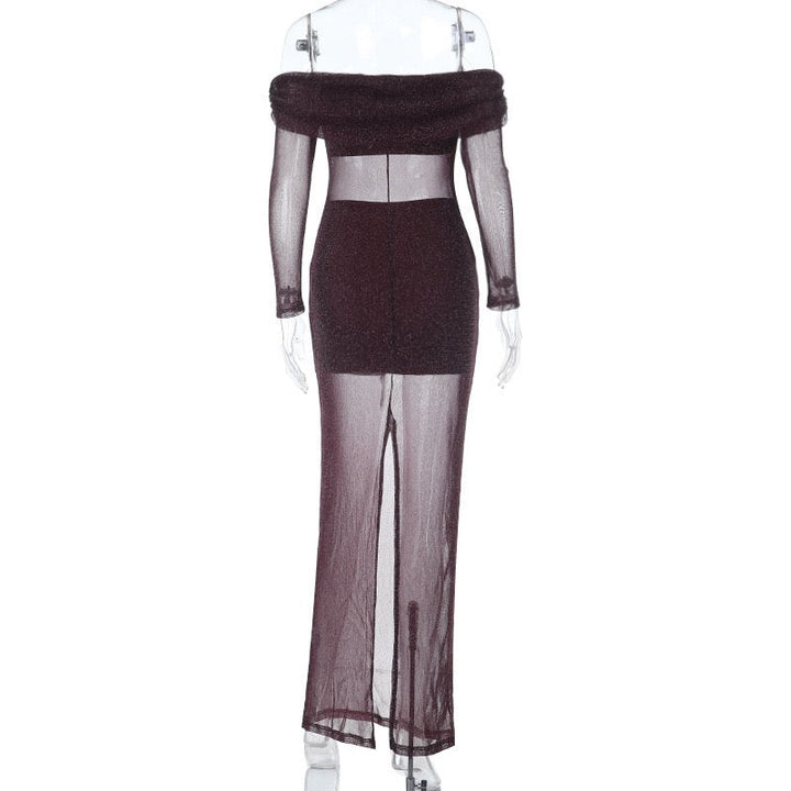 Transparent sequin maxi dress with an off-the-shoulder design combined with a top and mini skirt - Roxana