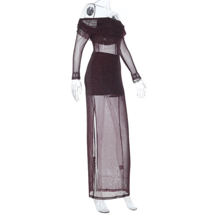 Transparent sequin maxi dress with an off-the-shoulder design combined with a top and mini skirt - Roxana