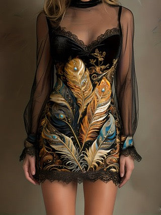 Floral and lace velvet mini dress with chiffon sleeves - Amari