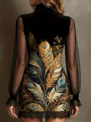 Floral and lace velvet mini dress with chiffon sleeves - Amari