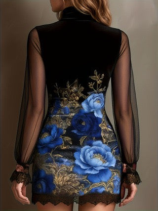 Floral and lace velvet mini dress with chiffon sleeves - Amari