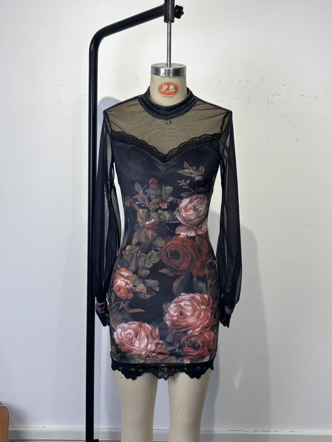 Floral and lace velvet mini dress with chiffon sleeves - Amari