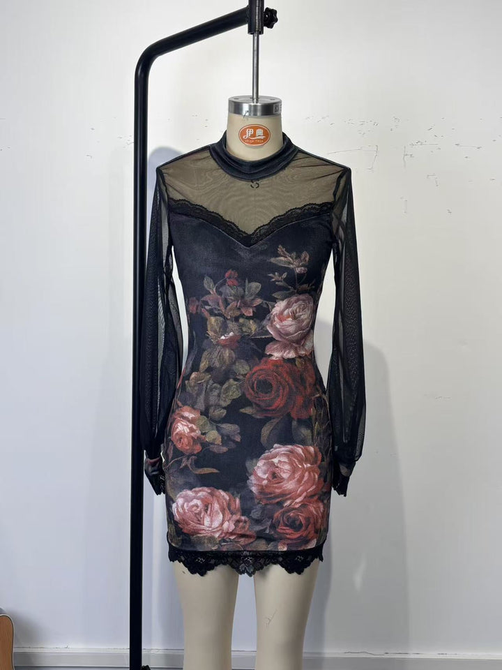 Floral and lace velvet mini dress with chiffon sleeves - Amari