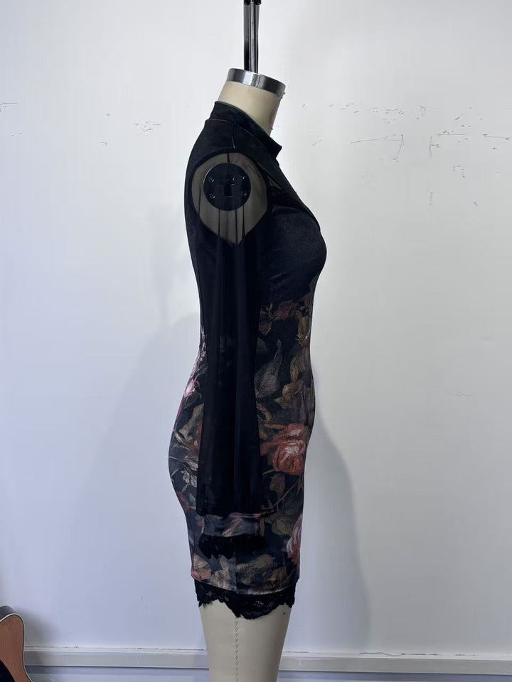 Floral and lace velvet mini dress with chiffon sleeves - Amari