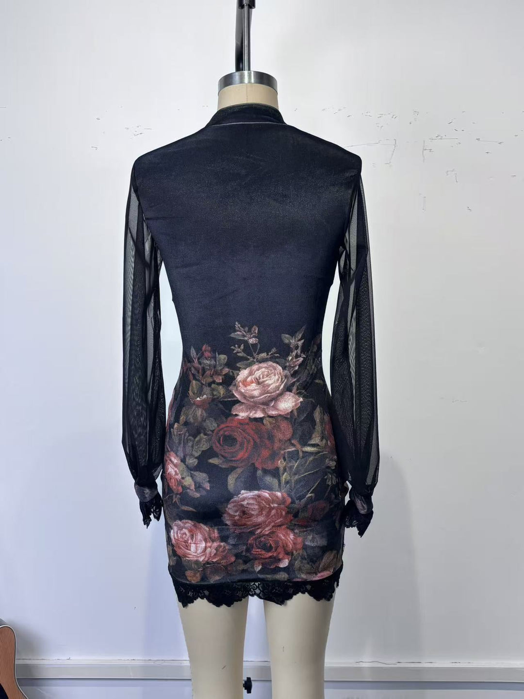 Floral and lace velvet mini dress with chiffon sleeves - Amari