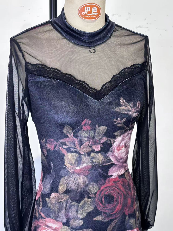 Floral and lace velvet mini dress with chiffon sleeves - Amari