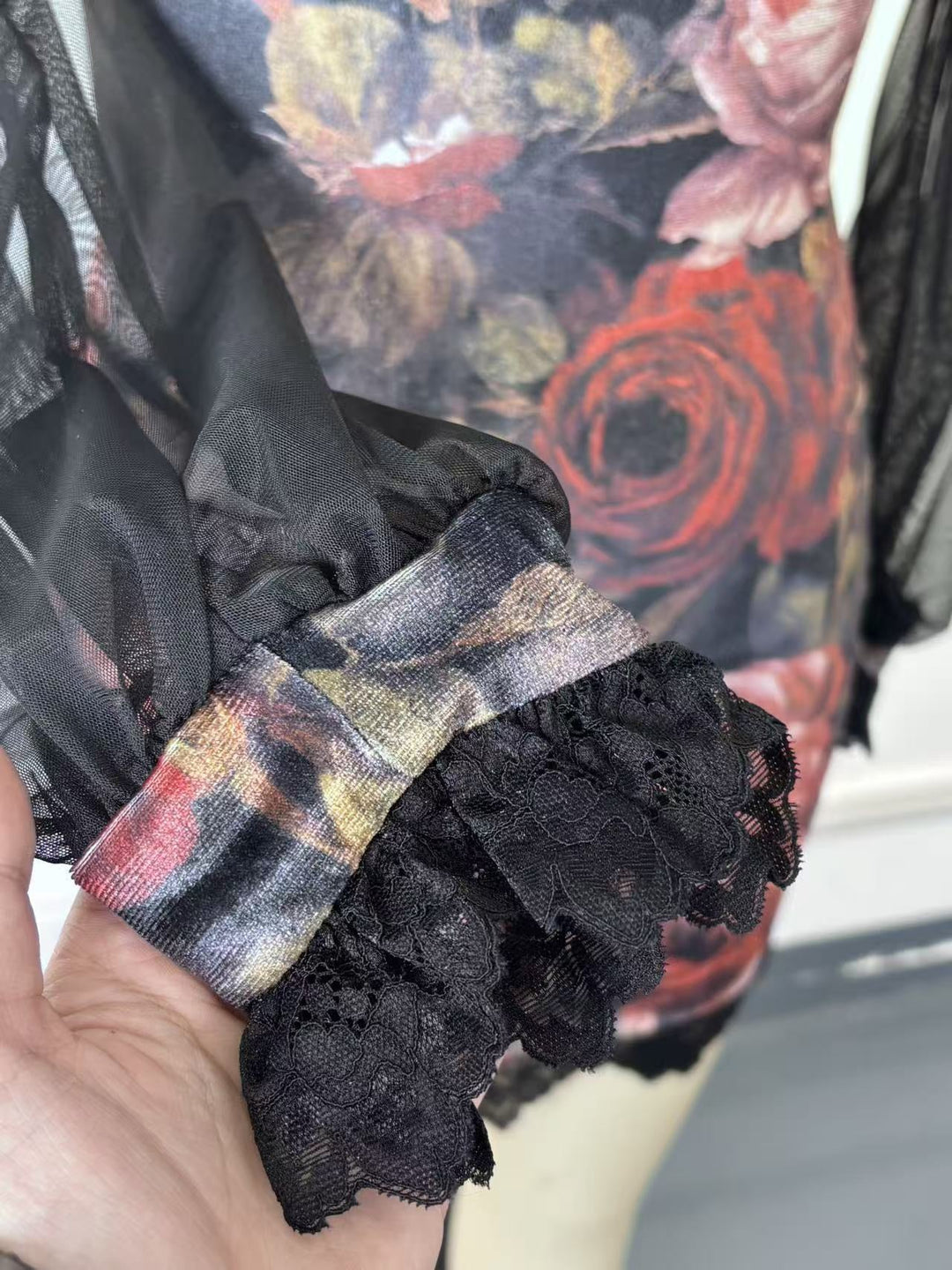 Floral and lace velvet mini dress with chiffon sleeves - Amari