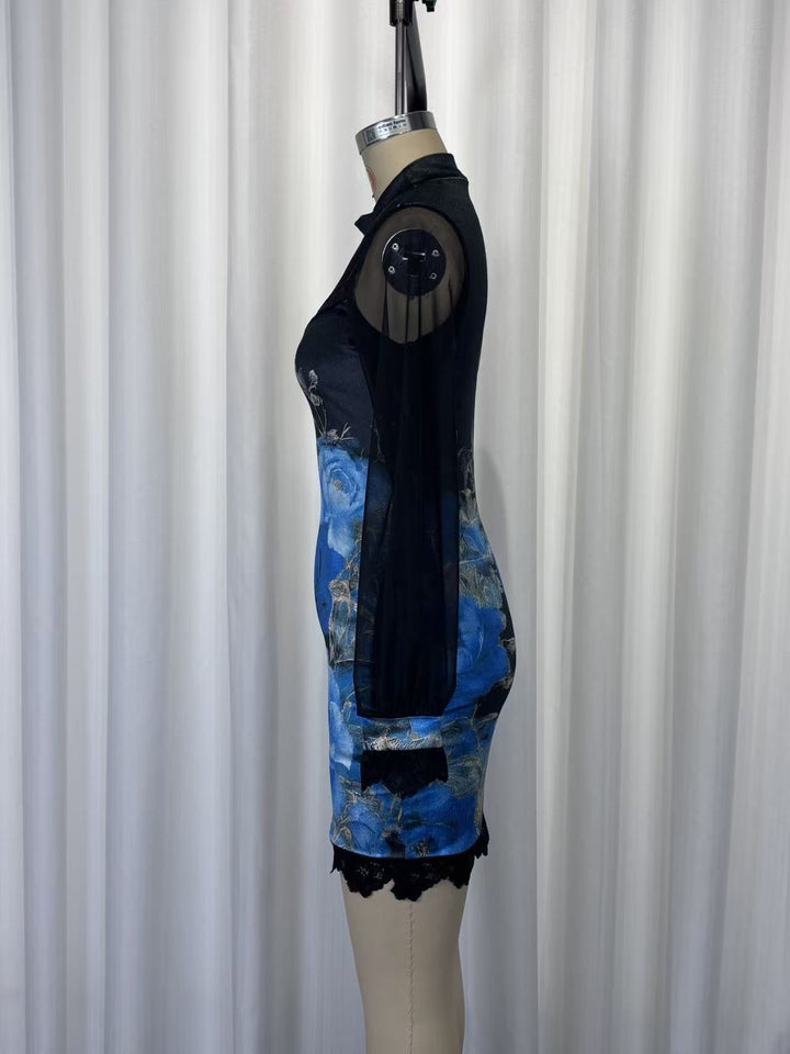 Floral and lace velvet mini dress with chiffon sleeves - Amari