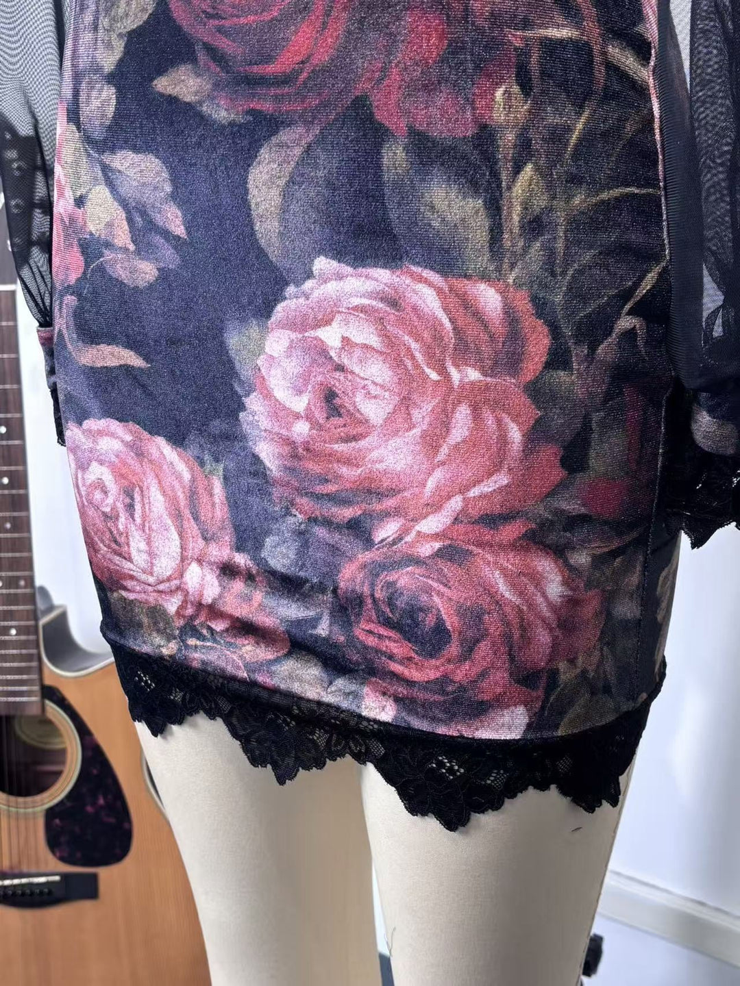 Floral and lace velvet mini dress with chiffon sleeves - Amari