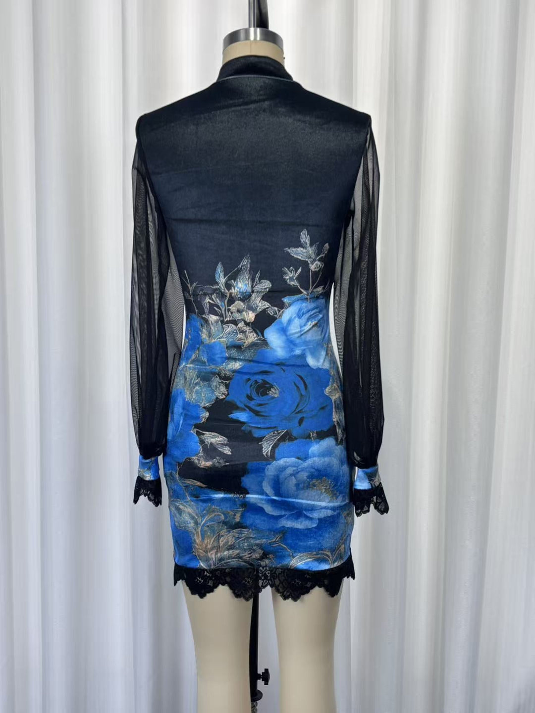 Floral and lace velvet mini dress with chiffon sleeves - Amari