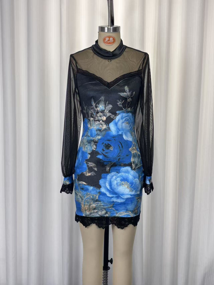 Floral and lace velvet mini dress with chiffon sleeves - Amari