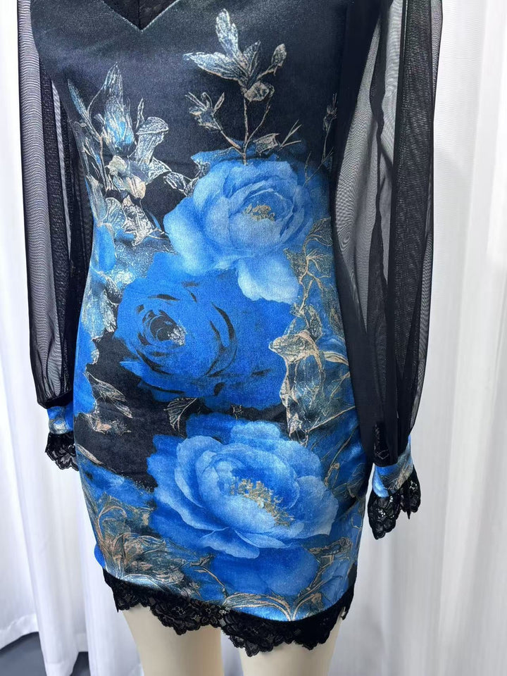 Floral and lace velvet mini dress with chiffon sleeves - Amari