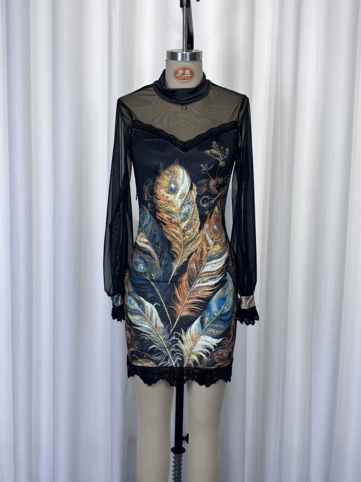 Floral and lace velvet mini dress with chiffon sleeves - Amari