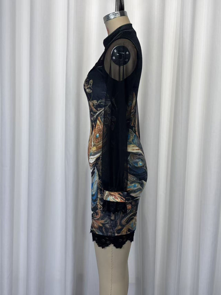 Floral and lace velvet mini dress with chiffon sleeves - Amari