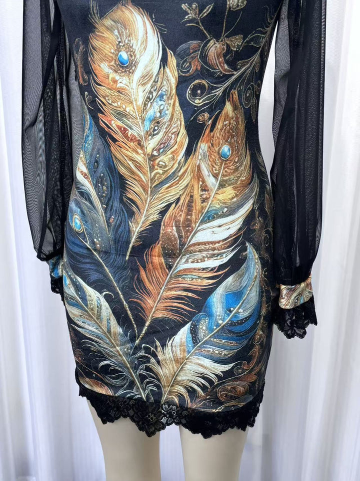 Floral and lace velvet mini dress with chiffon sleeves - Amari