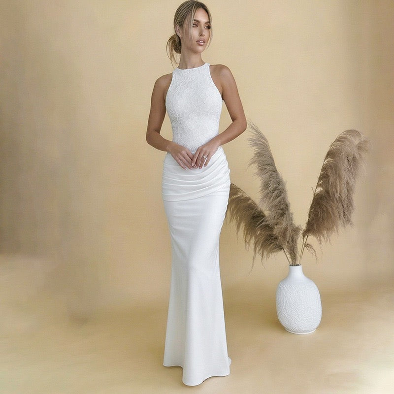 Maxi Satin Dress with Pleats and Lace Design - BALI