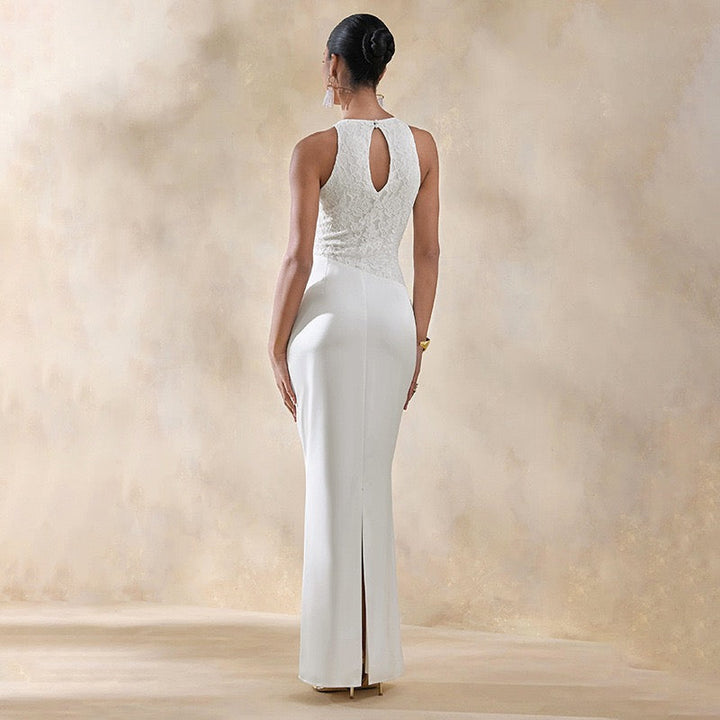 Maxi Satin Dress with Pleats and Lace Design - BALI