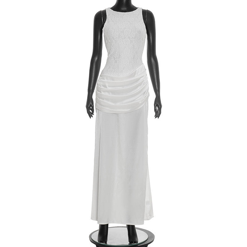 Maxi Satin Dress with Pleats and Lace Design - BALI
