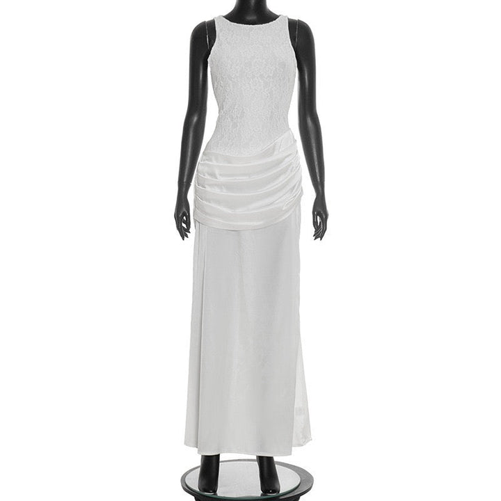 Maxi Satin Dress with Pleats and Lace Design - BALI
