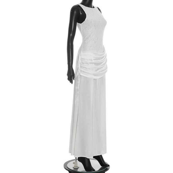 Maxi Satin Dress with Pleats and Lace Design - BALI