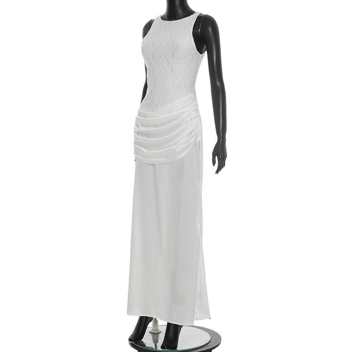 Maxi Satin Dress with Pleats and Lace Design - BALI