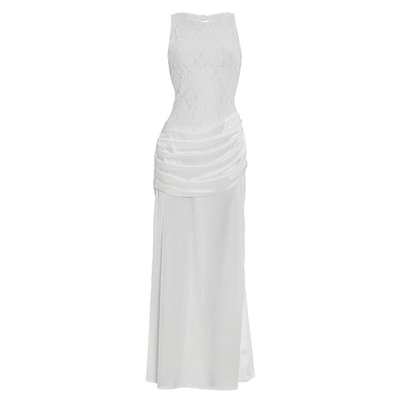 Maxi Satin Dress with Pleats and Lace Design - BALI