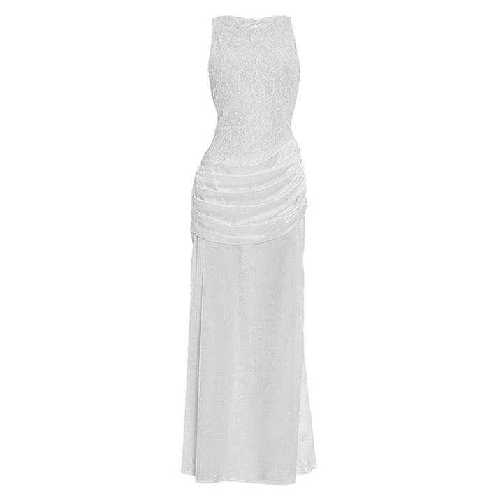 Maxi Satin Dress with Pleats and Lace Design - BALI