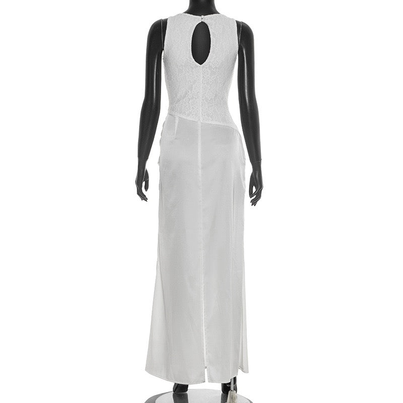 Maxi Satin Dress with Pleats and Lace Design - BALI