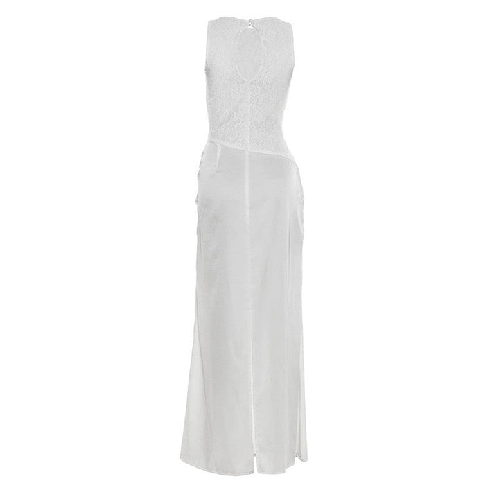 Maxi Satin Dress with Pleats and Lace Design - BALI