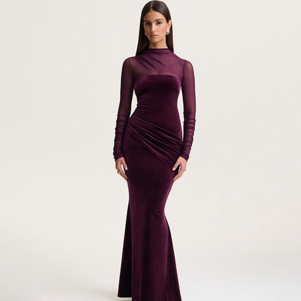 Elegant velvet maxi dress with pleated and chiffon design - Michelle