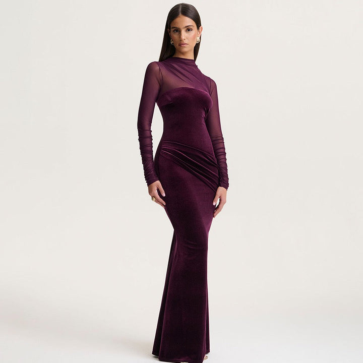Elegant velvet maxi dress with pleated and chiffon design - Michelle
