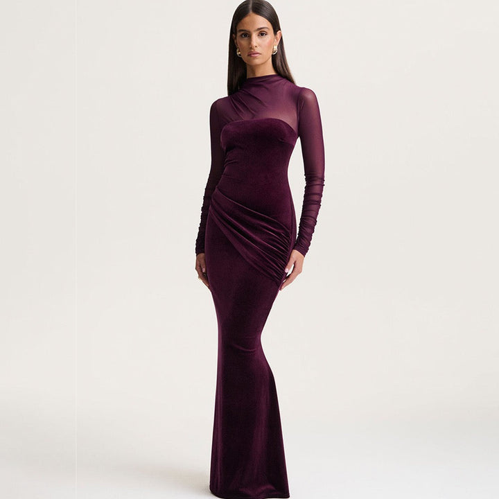 Elegant velvet maxi dress with pleated and chiffon design - Michelle
