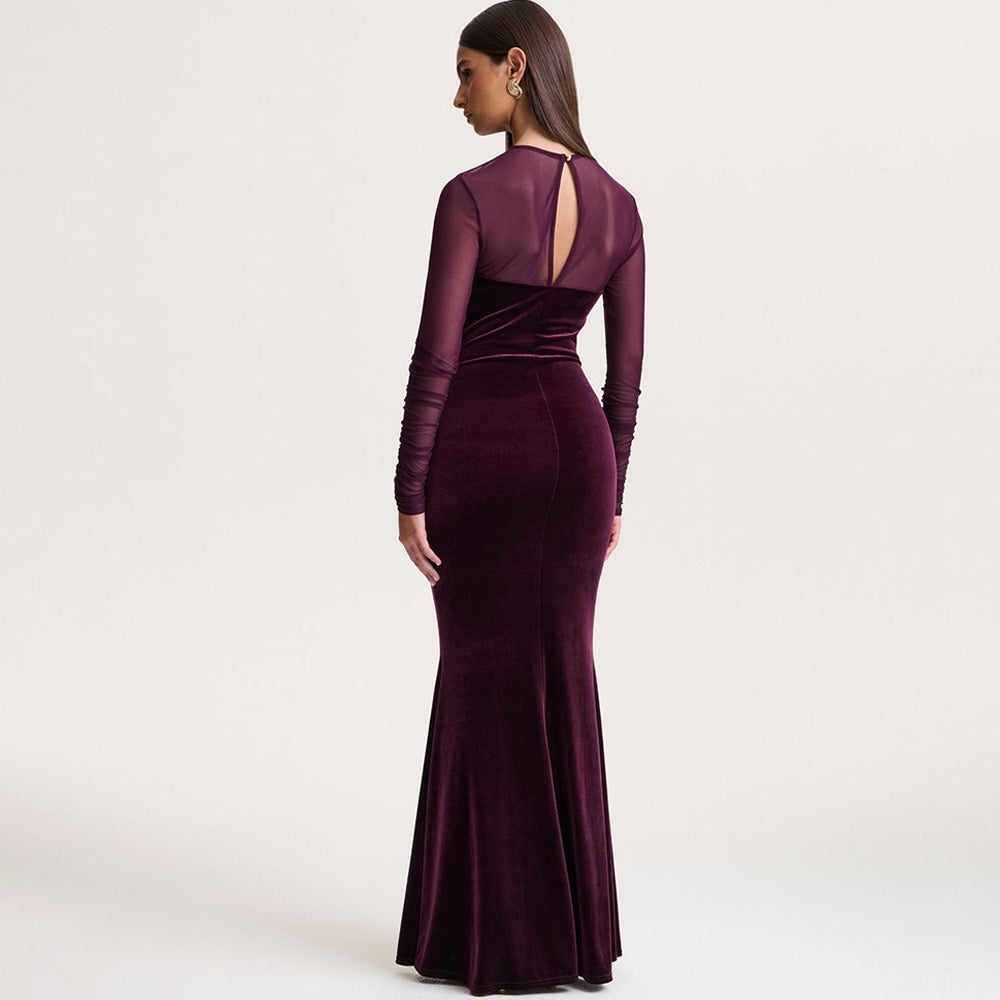 Elegant velvet maxi dress with pleated and chiffon design - Michelle