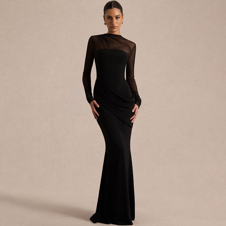 Elegant velvet maxi dress with pleated and chiffon design - Michelle